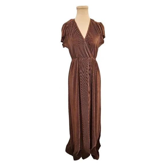 Baltic Born Athena Pleated Brown Short Sleeve Maxi Dress Sz M - Picture 2 of 11